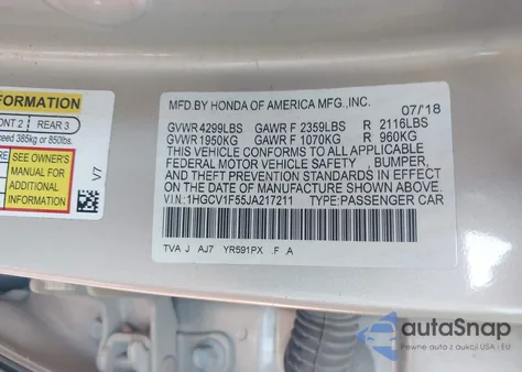 2018 Honda Accord Ex-L from USA, damaged, VIN 1HGCV1F55JA217211
